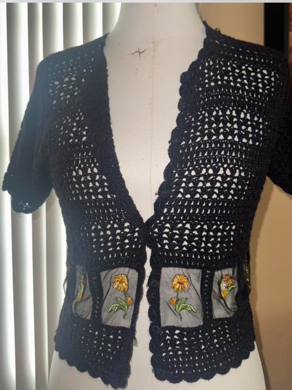 Black crotchet cardigan with sunflower mesh paneling